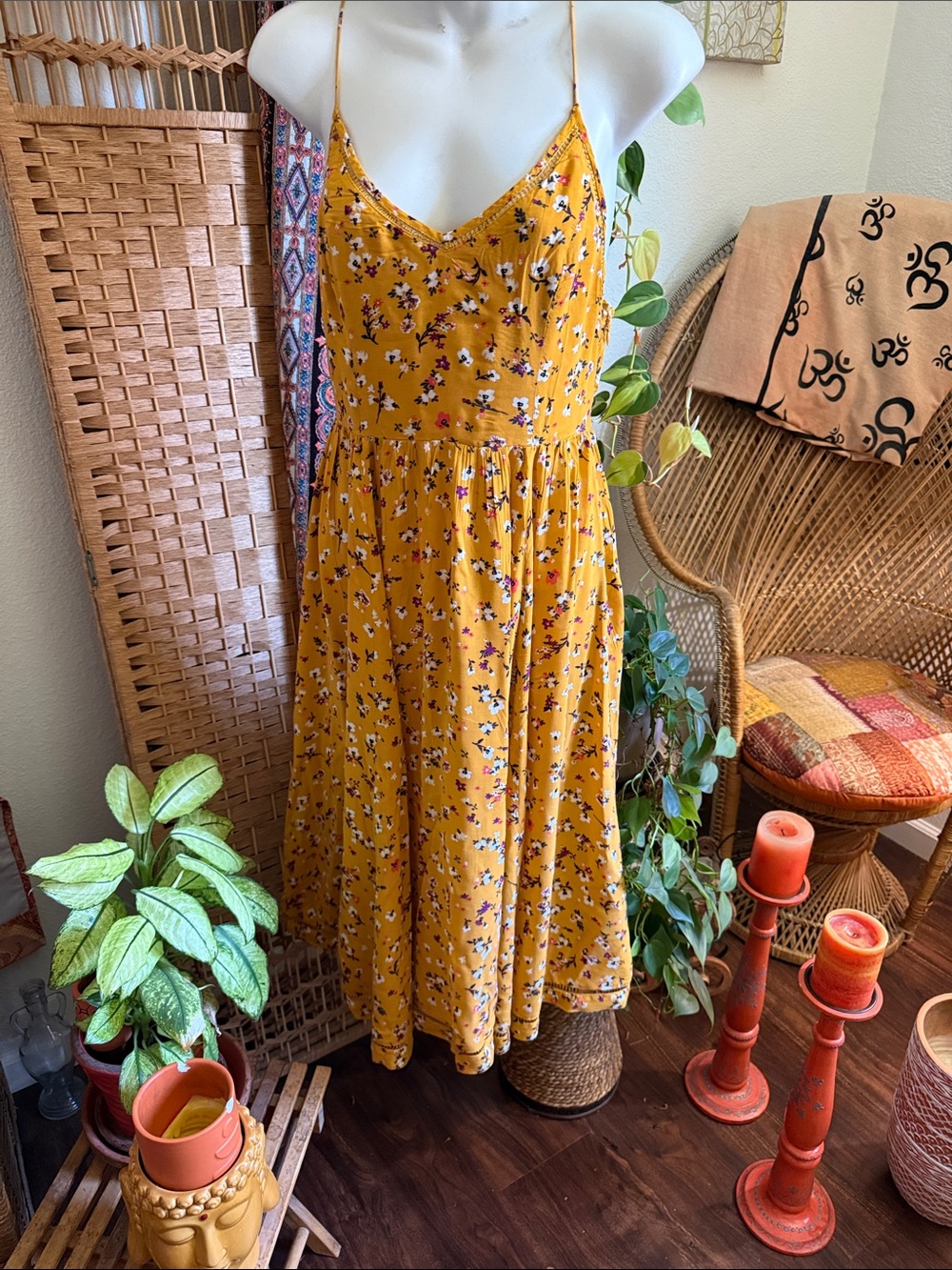 Mustard Yellow Floral Spaghetti Strap Midi Dress